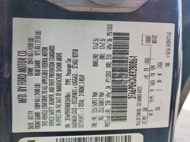 Продаж на аукціоні авто 2019 Ford Fusion, vin: 3FA6P0HD0KR280864, номер лоту: 55696566