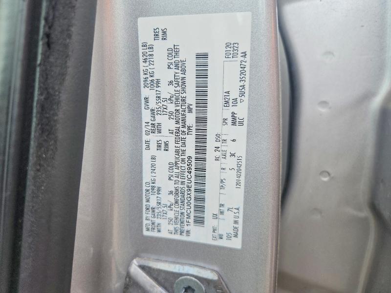 2014 Ford Escape მანქანა იყიდება აუქციონზე, vin: 1FMCU0GX9EUC49509, აუქციონის ნომერი: 58555656