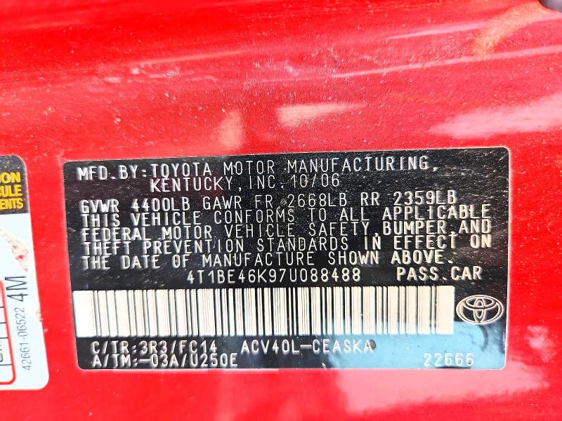 Aukcja sprzedaży 2007 Toyota Camry, vin: 4T1BE46K97U088488, numer aukcji: 58389006