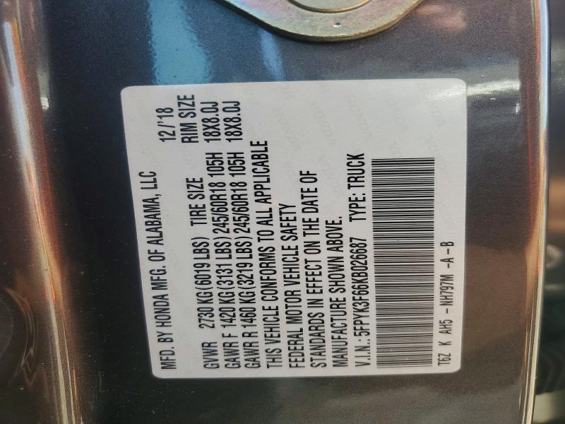 57689696 :رقم المزاد ، 5FPYK3F66KB026687 vin ، 2019 Honda Ridgeline مزاد بيع
