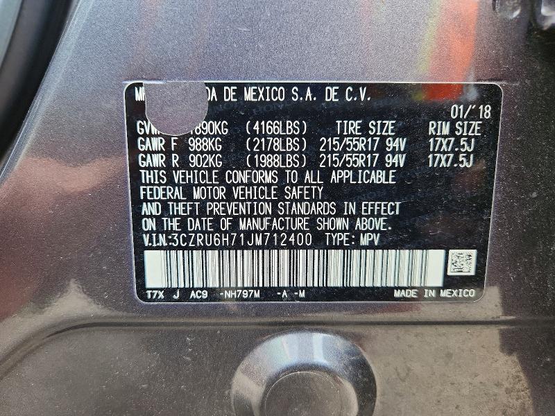 58951886 :رقم المزاد ، 3CZRU6H71JM712400 vin ، 2018 Honda Hr-v مزاد بيع