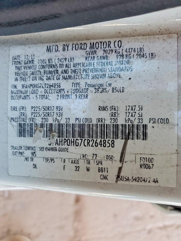 2012 Ford Fusion მანქანა იყიდება აუქციონზე, vin: 3FAHP0HG7CR264858, აუქციონის ნომერი: 55506896