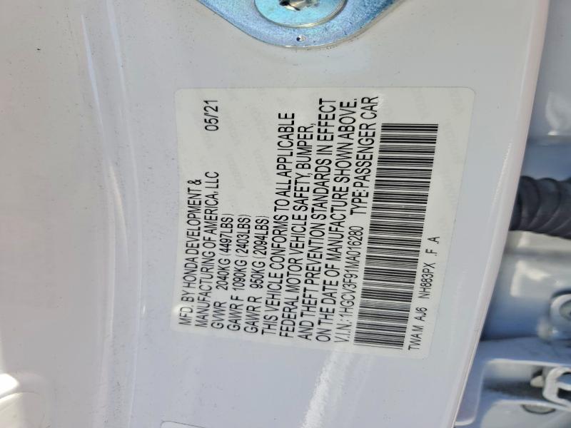 Продаж на аукціоні авто 2021 Honda Accord, vin: 1HGCV3F91MA016280, номер лоту: 59543336