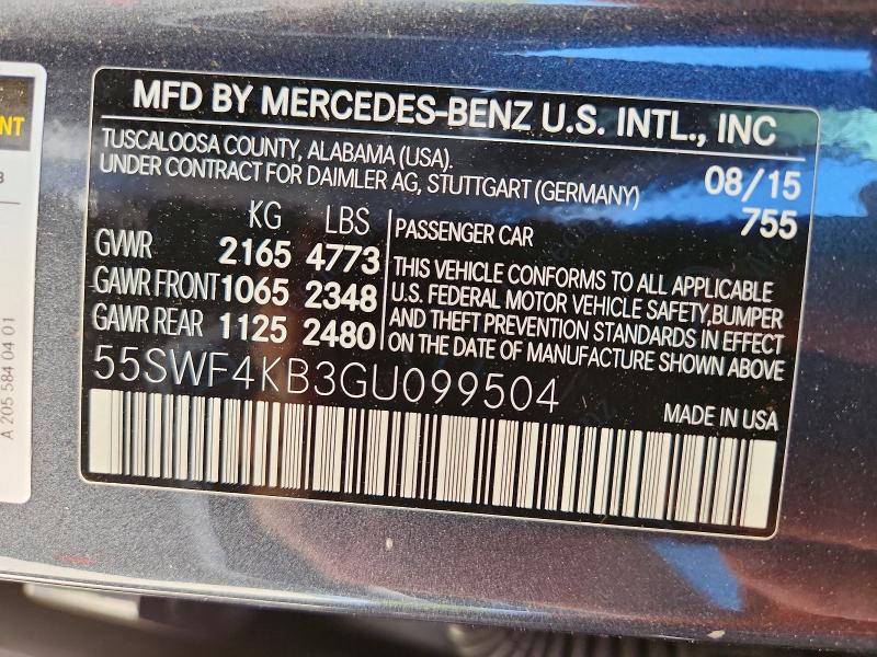 2016 Mercedes-benz C მანქანა იყიდება აუქციონზე, vin: 55SWF4KB3GU099504, აუქციონის ნომერი: 54433696