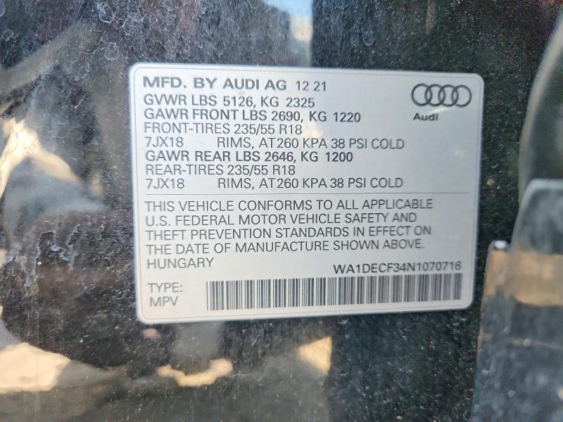 Продаж на аукціоні авто 2022 Audi Q3, vin: WA1DECF34N1070716, номер лоту: 57879566