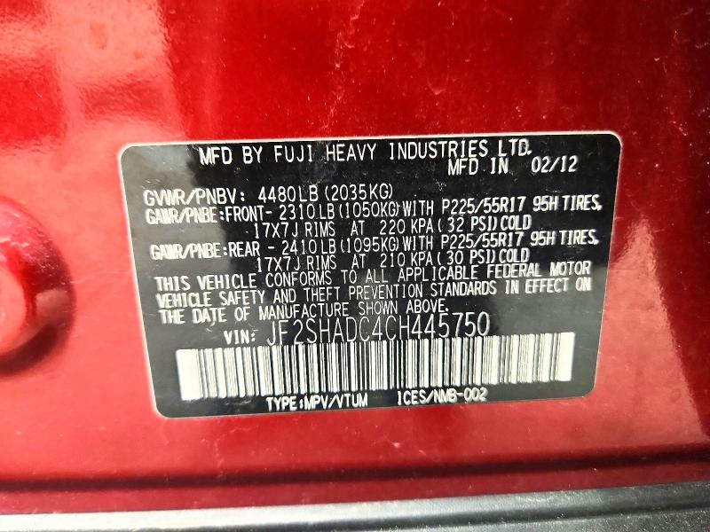 Продажа на аукционе авто 2012 Subaru Forester, vin: JF2SHADC4CH445750, номер лота: 58066776