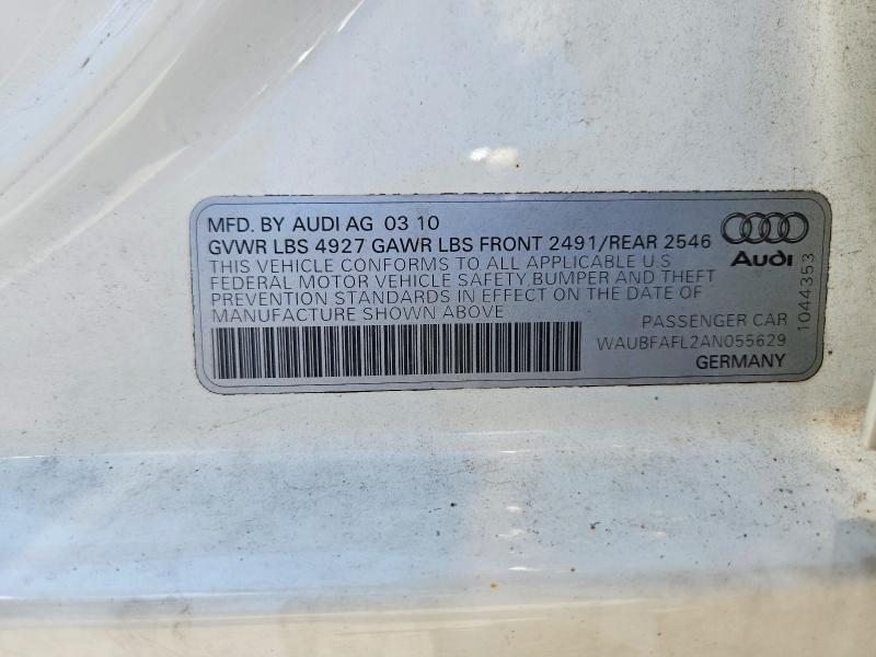 2010 Audi A4 მანქანა იყიდება აუქციონზე, vin: WAUBFAFL2AN055629, აუქციონის ნომერი: 58541396