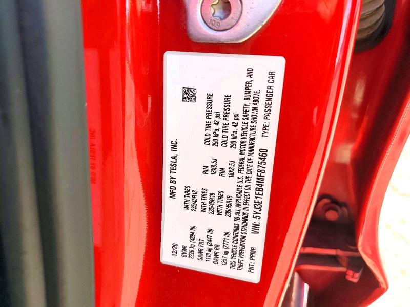 2021 Tesla Model 3 მანქანა იყიდება აუქციონზე, vin: 5YJ3E1EB4MF875460, აუქციონის ნომერი: 55921536