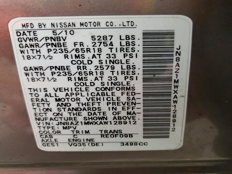 Продажа на аукционе авто 2010 Nissan Murano, vin: JN8AZ1MWXAW128912, номер лота: 57515836