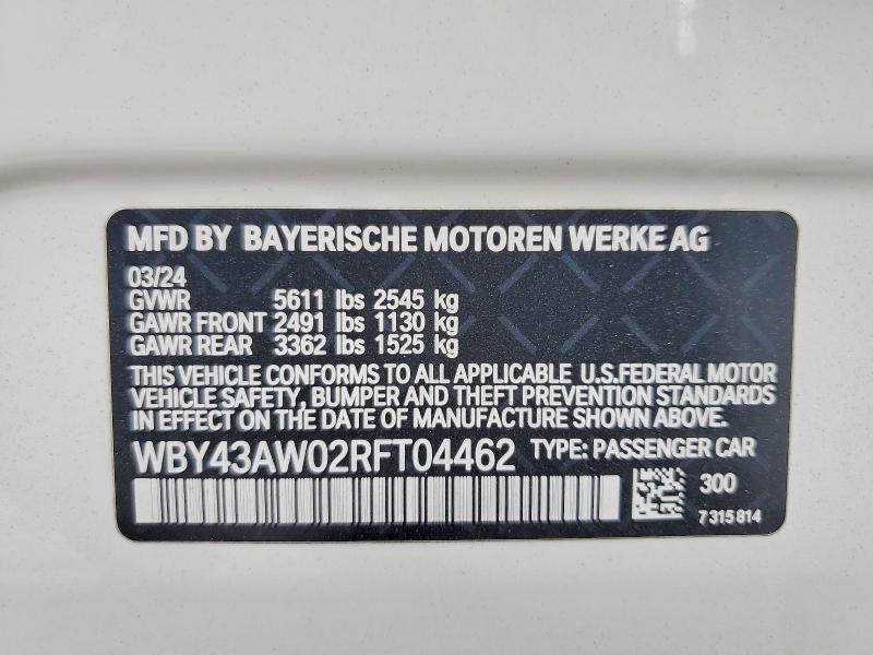 2024 Bmw I4 მანქანა იყიდება აუქციონზე, vin: WBY43AW02RFT04462, აუქციონის ნომერი: 57261506