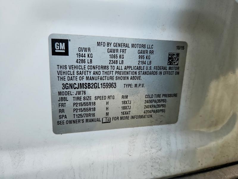 57595976 :رقم المزاد ، 3GNCJMSB2GL159963 vin ، 2016 Chevrolet Trax مزاد بيع