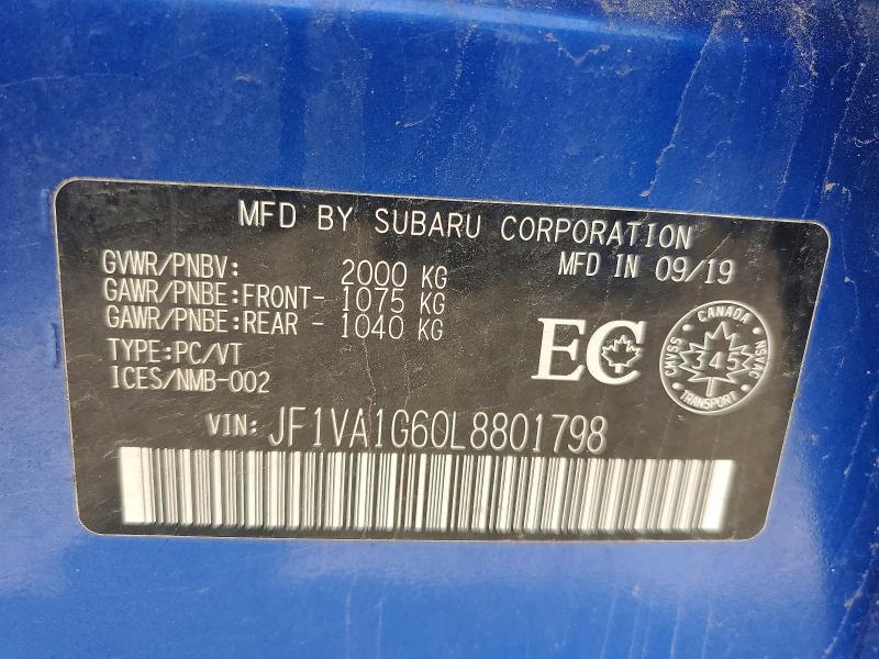 Продажа на аукционе авто 2020 Subaru Wrx, vin: JF1VA1G60L8801798, номер лота: 56253786
