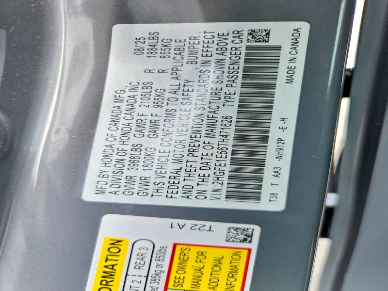 Продаж на аукціоні авто 2026 Honda Civic, vin: 2HGFE1E56TH471626, номер лоту: 57445256