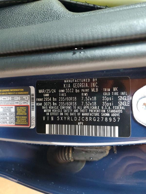 2024 Kia Sorento მანქანა იყიდება აუქციონზე, vin: 5XYRLDJC8RG278957, აუქციონის ნომერი: 57770006