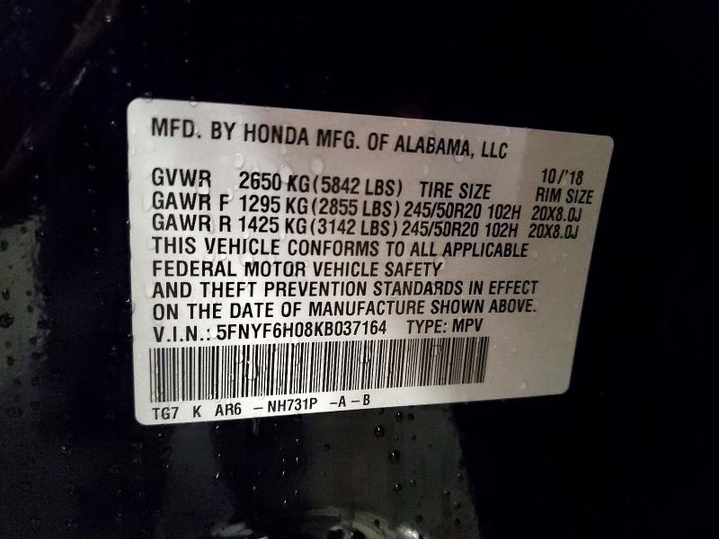 Aukcja sprzedaży 2019 Honda Pilot, vin: 5FNYF6H08KB037164, numer aukcji: 58450116