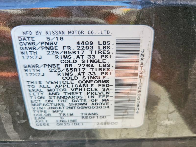 58787746 :رقم المزاد ، JN8AT2MT0GW003634 vin ، 2016 Nissan Rogue مزاد بيع