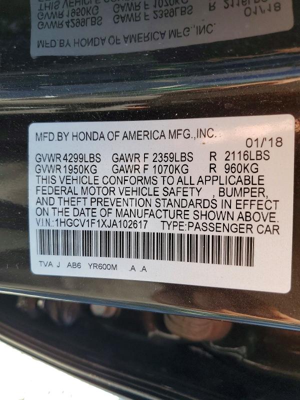 Aukcja sprzedaży 2018 Honda Accord, vin: 1HGCV1F1XJA102617, numer aukcji: 56037706