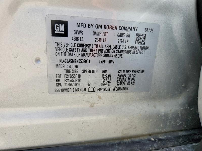 2022 Buick Encore მანქანა იყიდება აუქციონზე, vin: KL4CJASM7NB539964, აუქციონის ნომერი: 59324756