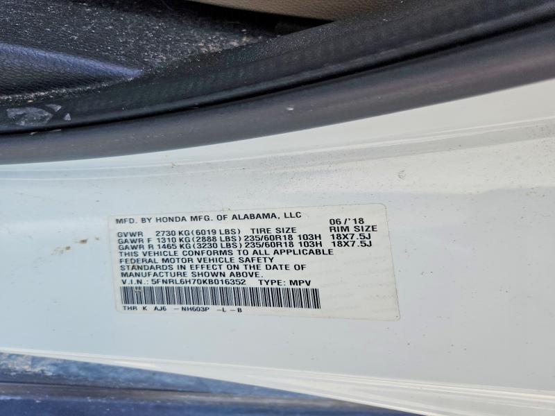 Продаж на аукціоні авто 2019 Honda Odyssey, vin: 5FNRL6H70KB016352, номер лоту: 57512056