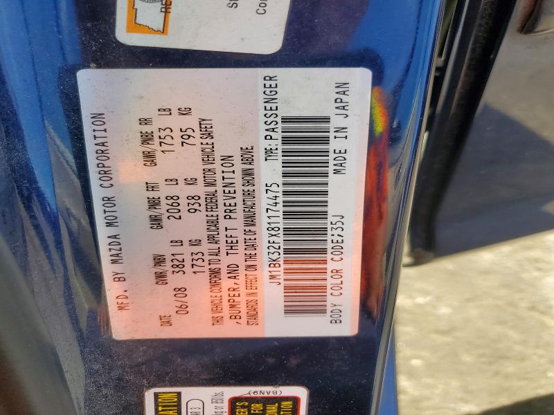 55436786 :رقم المزاد ، JM1BK32FX81174475 vin ، 2008 Mazda 3 مزاد بيع