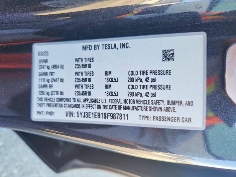57928816 :رقم المزاد ، 5YJ3E1EB1SF987811 vin ، 2025 Tesla Model 3 مزاد بيع
