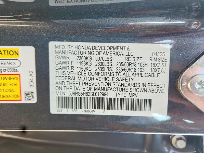 59219986 :رقم المزاد ، 5J6RS5H82SL012994 vin ، 2025 Honda Cr-v مزاد بيع