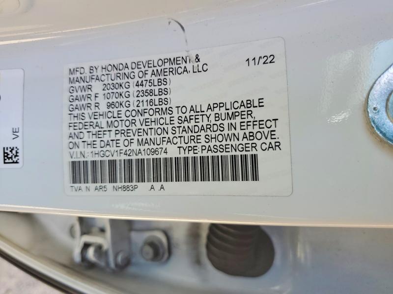 Aukcja sprzedaży 2022 Honda Accord, vin: 1HGCV1F42NA109674, numer aukcji: 57180646