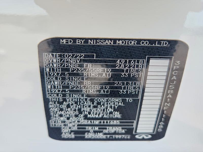 58228856 :رقم المزاد ، 3PCAJ5BA1NF111685 vin ، 2022 Infiniti Qx50 مزاد بيع