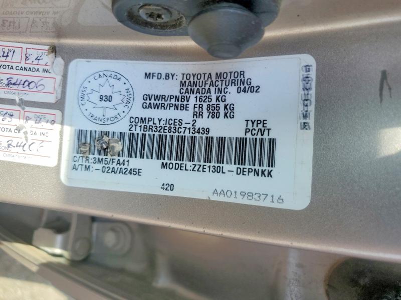 59174906 :رقم المزاد ، 2T1BR32E83C713439 vin ، 2003 Toyota Corolla مزاد بيع