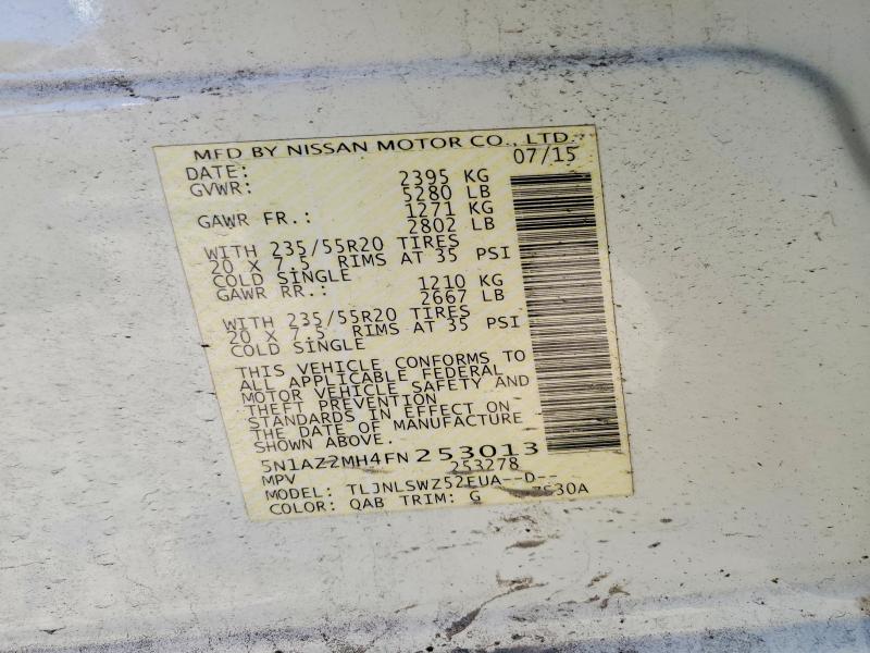 2015 Nissan Murano მანქანა იყიდება აუქციონზე, vin: 5N1AZ2MH4FN253013, აუქციონის ნომერი: 55537136