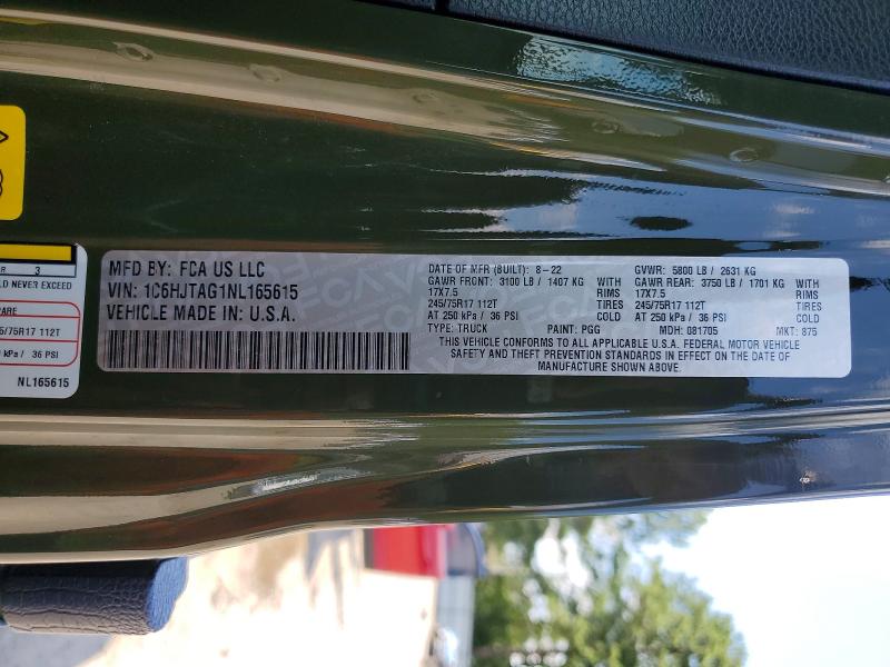 2022 Jeep Gladiator მანქანა იყიდება აუქციონზე, vin: 1C6HJTAG1NL165615, აუქციონის ნომერი: 58707626