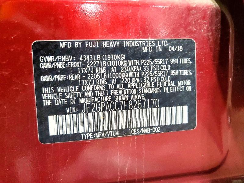 2015 Subaru Xv Crosstrek მანქანა იყიდება აუქციონზე, vin: JF2GPACC7F8267170, აუქციონის ნომერი: 55643836