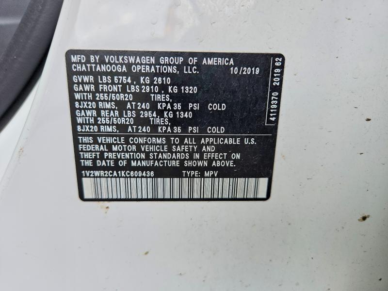 2019 Volkswagen Atlas მანქანა იყიდება აუქციონზე, vin: 1V2WR2CA1KC609436, აუქციონის ნომერი: 55390406