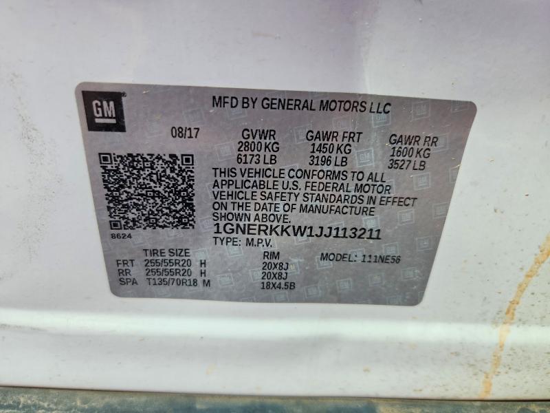 85771485 :رقم المزاد ، 1GNERKKW1JJ113211 vin ، 2018 Chevrolet Traverse مزاد بيع