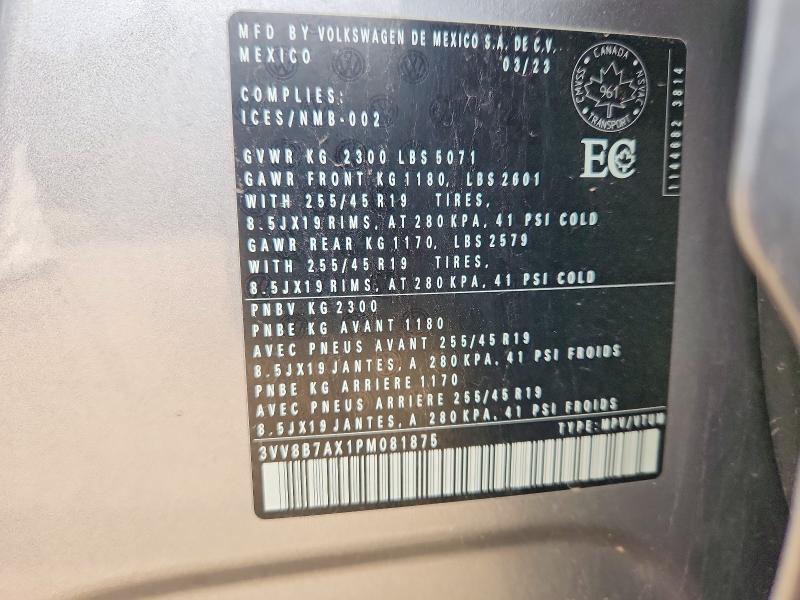 Продаж на аукціоні авто 2023 Volkswagen Tiguan, vin: 3VV8B7AX1PM081875, номер лоту: 58190206