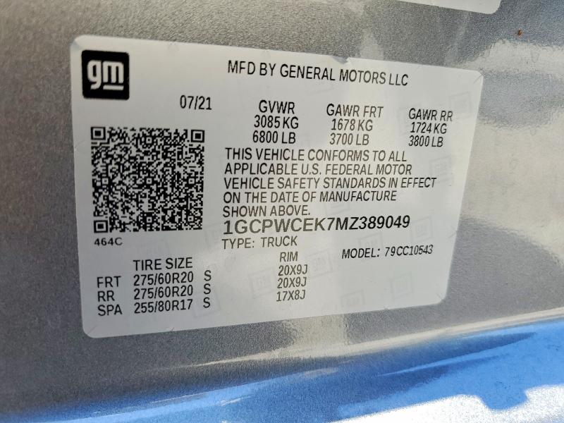 2021 Chevrolet Silverado მანქანა იყიდება აუქციონზე, vin: 1GCPWCEK7MZ389049, აუქციონის ნომერი: 58413716
