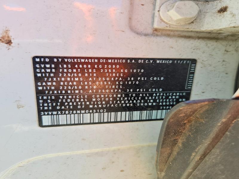 57166186 :رقم المزاد ، 3VVWX7B28NM043102 vin ، 2022 Volkswagen Taos مزاد بيع