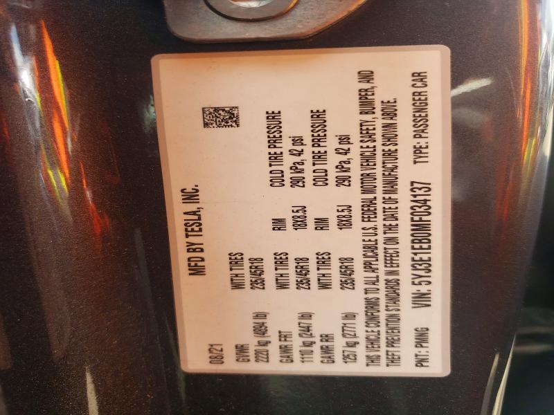 Продажа на аукционе авто 2021 Tesla Model 3, vin: 5YJ3E1EB0MF034137, номер лота: 56515866