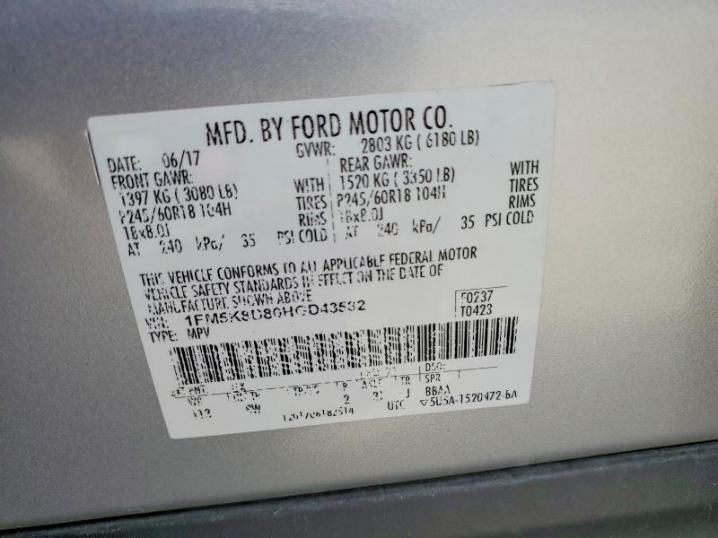 2017 Ford Explorer მანქანა იყიდება აუქციონზე, vin: 1FM5K8D80HGD43582, აუქციონის ნომერი: 55456646