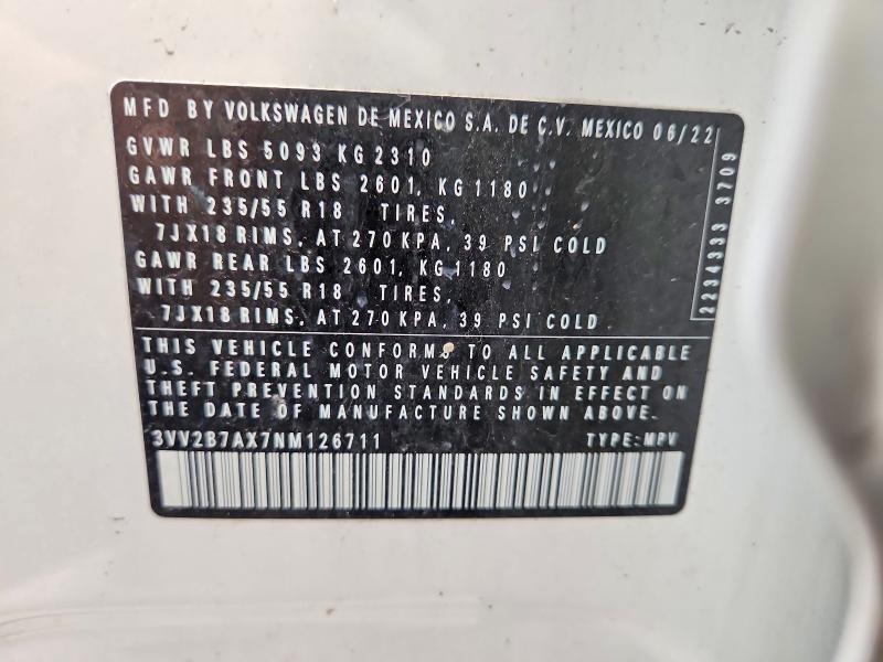 2022 Volkswagen Tiguan მანქანა იყიდება აუქციონზე, vin: 3VV2B7AX7NM126711, აუქციონის ნომერი: 56784126
