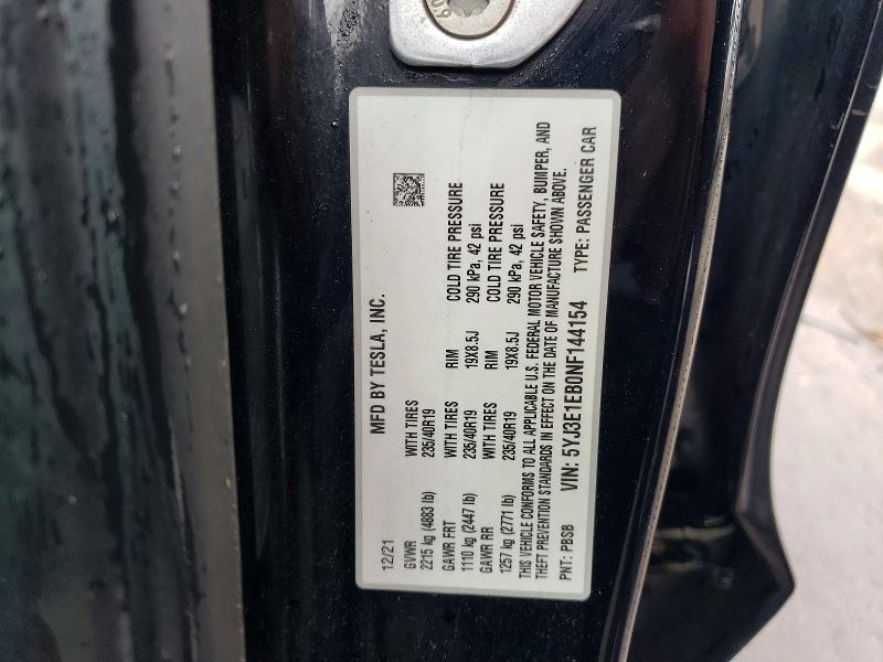 2022 Tesla Model 3 მანქანა იყიდება აუქციონზე, vin: 5YJ3E1EB0NF144154, აუქციონის ნომერი: 57717606