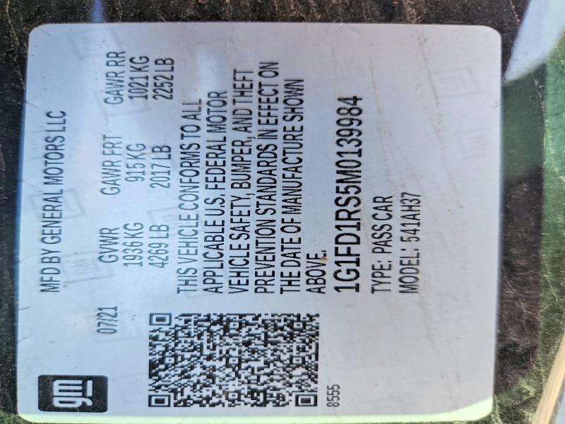 58027526 :رقم المزاد ، 1G1FD1RS5M0139984 vin ، 2021 Chevrolet Camaro مزاد بيع