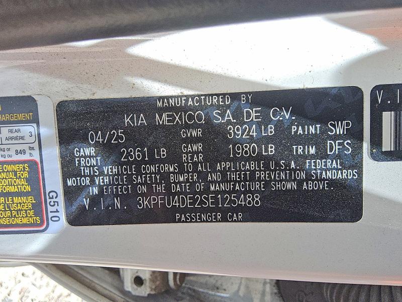 2025 Kia K4 მანქანა იყიდება აუქციონზე, vin: 3KPFU4DE2SE125488, აუქციონის ნომერი: 57052366