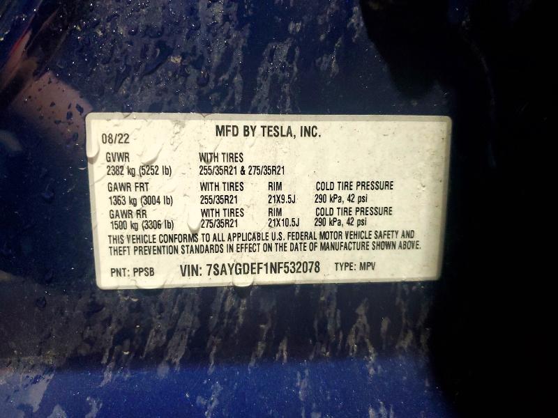 58734076 :رقم المزاد ، 7SAYGDEF1NF532078 vin ، 2022 Tesla Model Y مزاد بيع