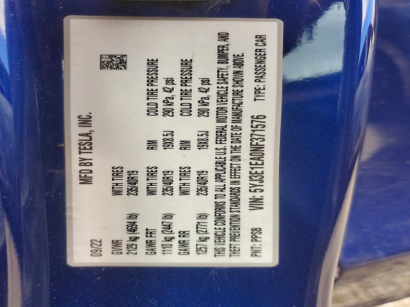 2022 Tesla Model 3 მანქანა იყიდება აუქციონზე, vin: 5YJ3E1EA0NF371576, აუქციონის ნომერი: 57933186