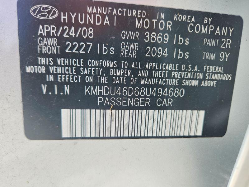 2008 Hyundai Elantra მანქანა იყიდება აუქციონზე, vin: KMHDU46D68U494680, აუქციონის ნომერი: 57755246