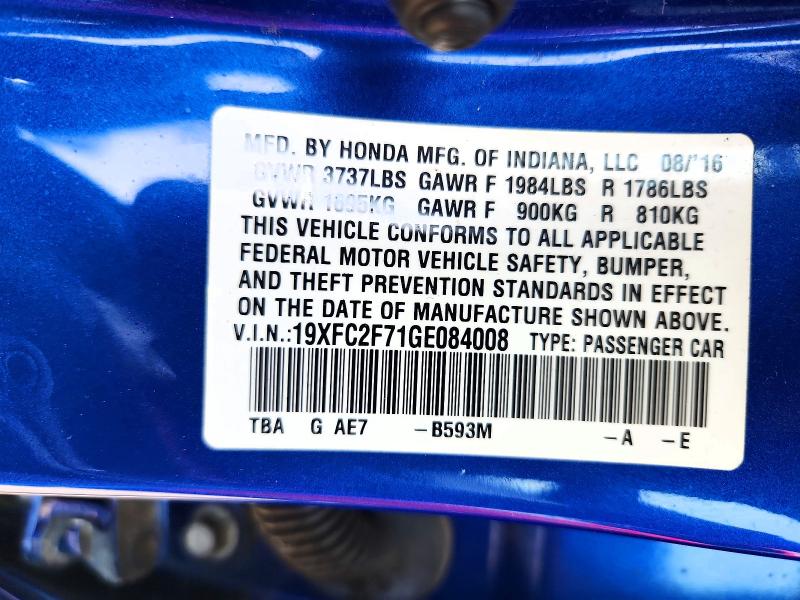 2016 Honda Civic მანქანა იყიდება აუქციონზე, vin: 19XFC2F71GE084008, აუქციონის ნომერი: 56644996