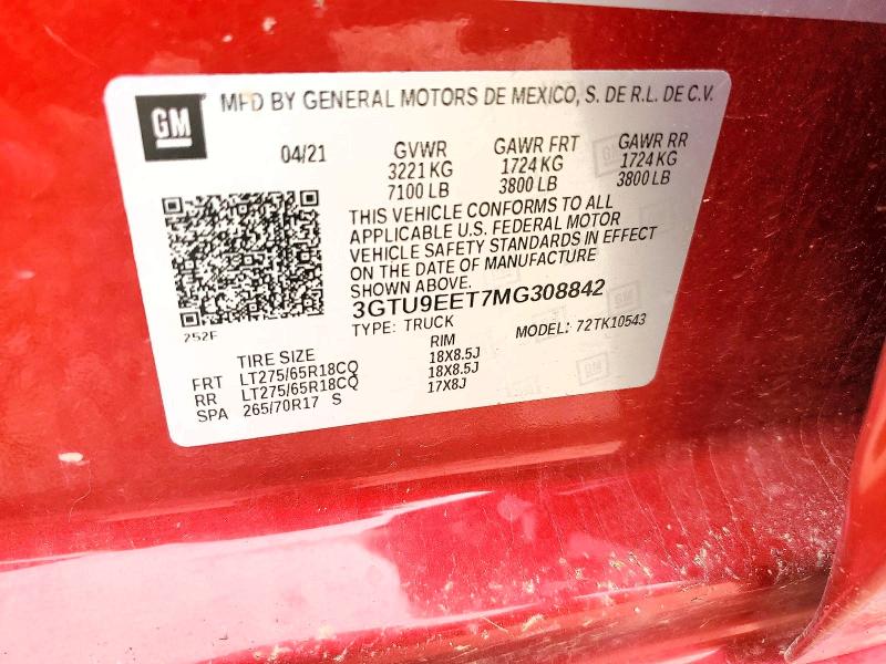 2021 Gmc Sierra მანქანა იყიდება აუქციონზე, vin: 3GTU9EET7MG308842, აუქციონის ნომერი: 58889046