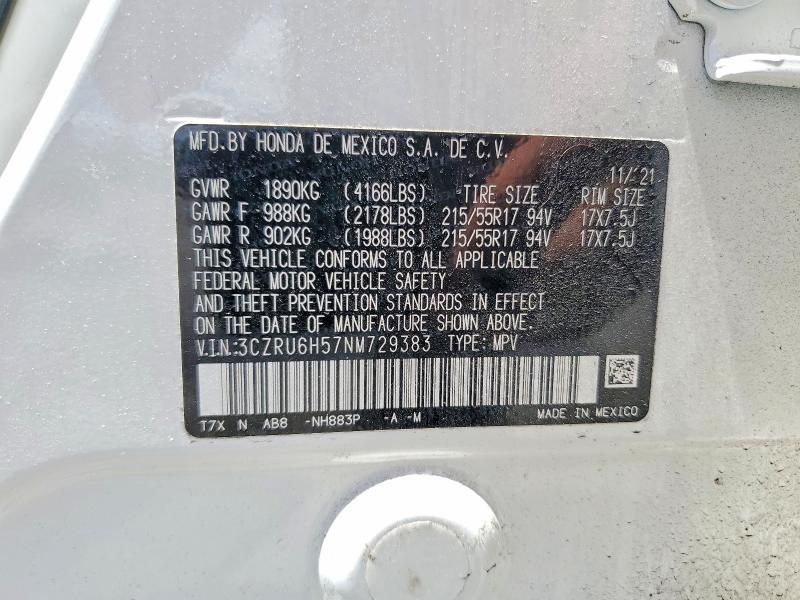 2022 Honda Hr-v მანქანა იყიდება აუქციონზე, vin: 3CZRU6H57NM729383, აუქციონის ნომერი: 57864056