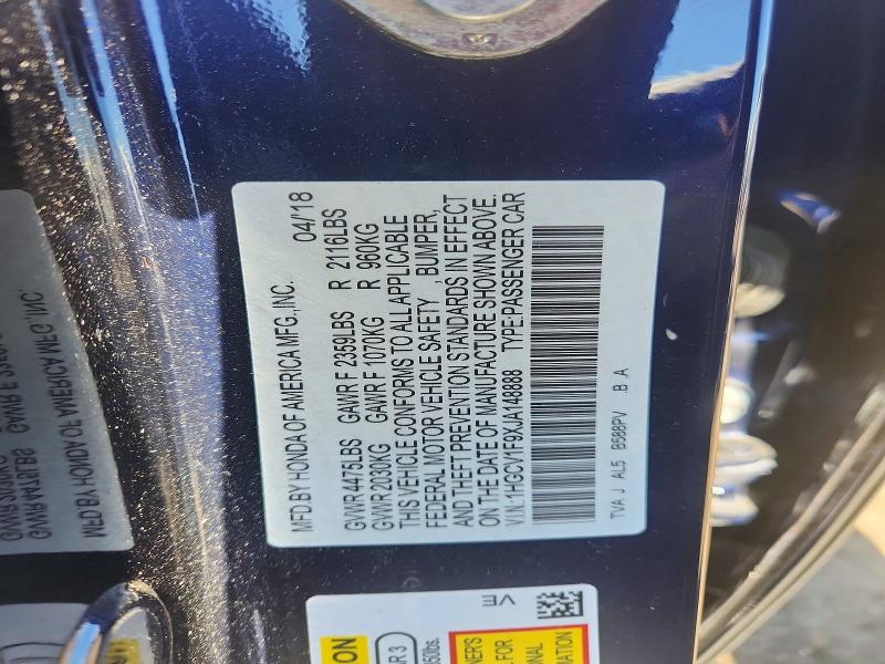57332486 :رقم المزاد ، 1HGCV1F9XJA148888 vin ، 2018 Honda Accord مزاد بيع